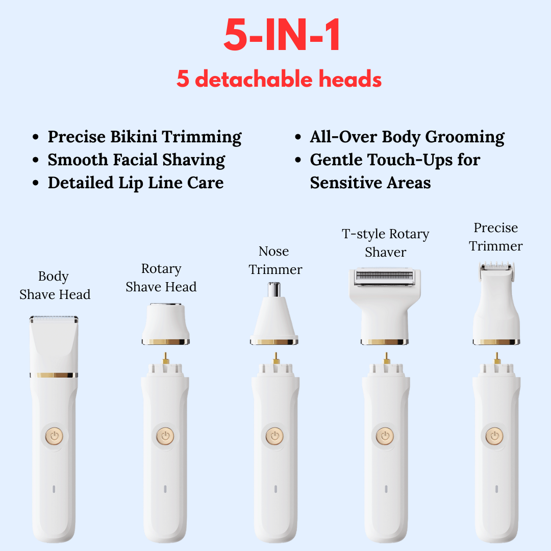 bikini trimmer for women 5 in 1, public hair trimmer, body hair trimmer all in one, electric razor detachable heads, electric shaver for women, nose hair trimmer, shaver for women
